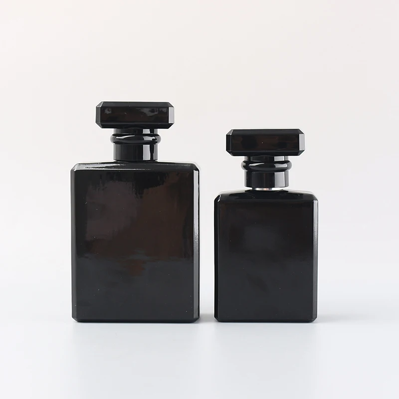 Empty 50ml 100ml Square Black Glass Perfume Bottle Packaging with Crimp Seal Cap