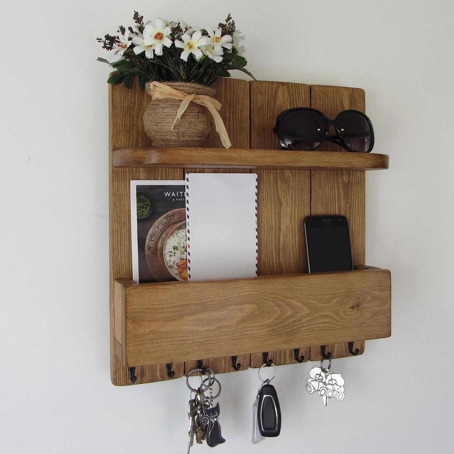 Entry Way Key Organizer Wall Mounted Mail Holder Wooden Wall Organizer Key Holder with Shelf Large Entryway Shelf with Hooks