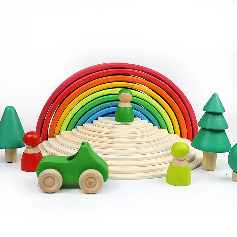 Chilldrens 12 Pc Piece Wooden Toddler Toys For Boys Girls  Rainbow Stacker Building Blocks Wood Stacking Toy