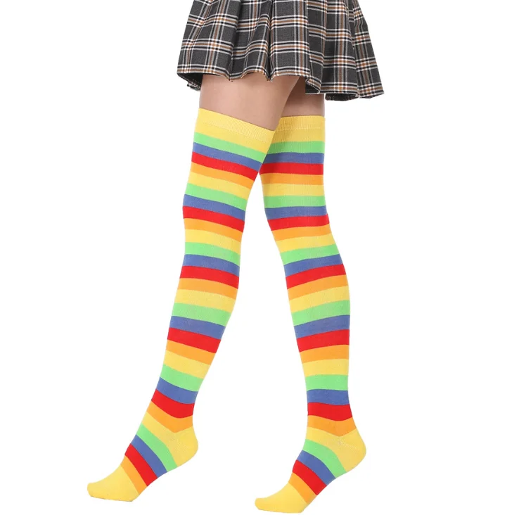 Wholesale Women Socks Rainbow Halloween Colorful Fluorescent Seamless Striped Thigh High Socks