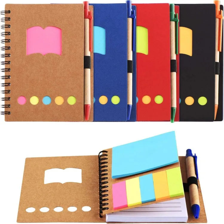 Lined Spiral Notebook Kraft Paper Cover Notepad with Pen Holder, Sticky Notes and Page Marker Colored Index Tabs