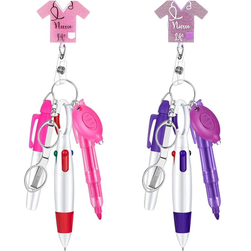 Retractable Nurse Badge Clip LED flashlight Keychain Ball Pen Highlighter Foldable Scissors nurse accessories Nurse Pen Pack Set