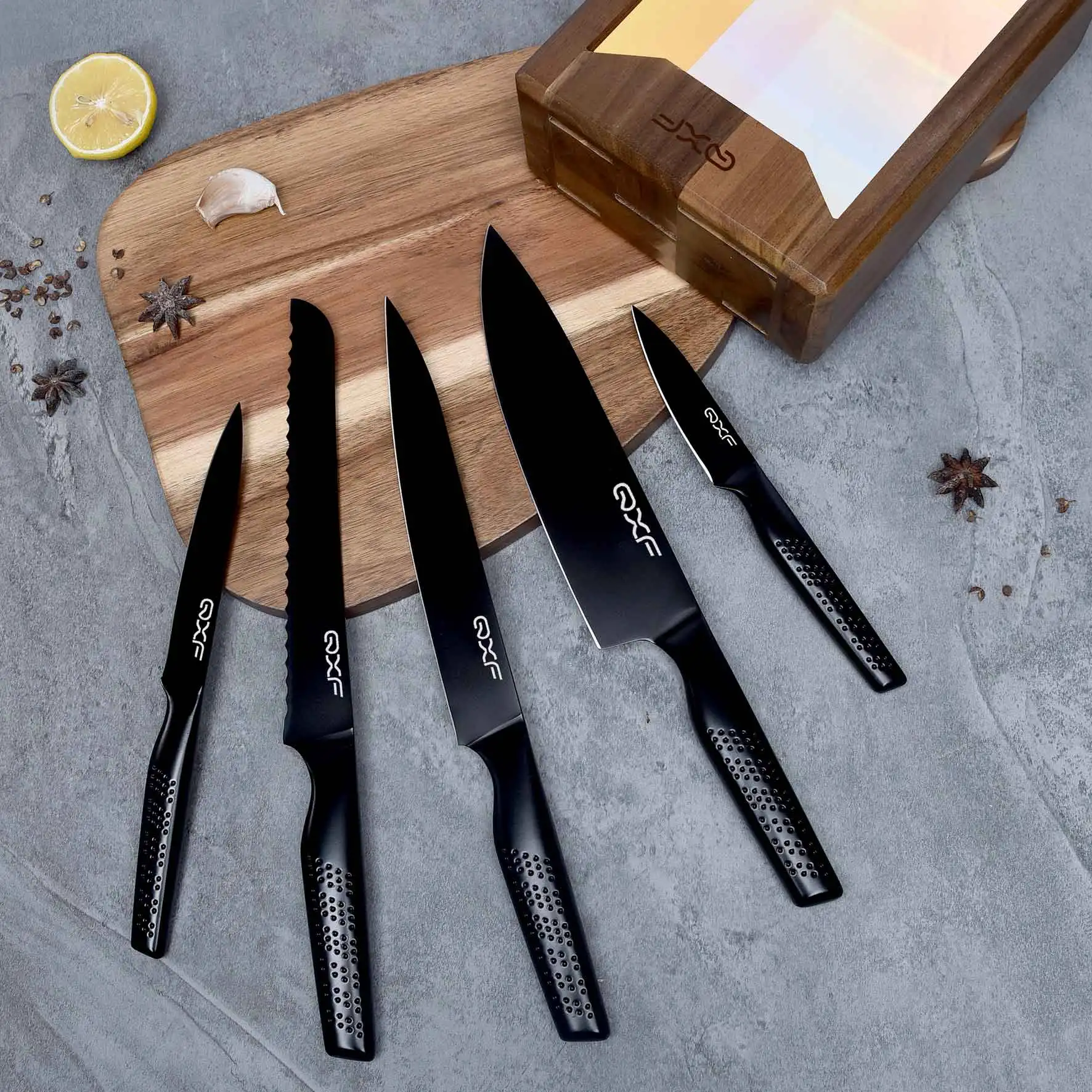 QXF 6 PCS Black Coated Painted Kitchen Knife Set 5Cr15MoV Stainless Steel Hollow Handle Chef Knife with Acrylic Wood Knife Stand