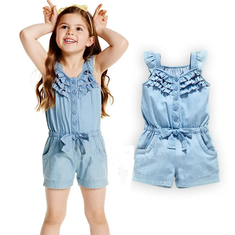 Hot Selling Summer Child Clothing Sweet Blue Ruffles Kids Girls One Piece Jumpsuit With Belt