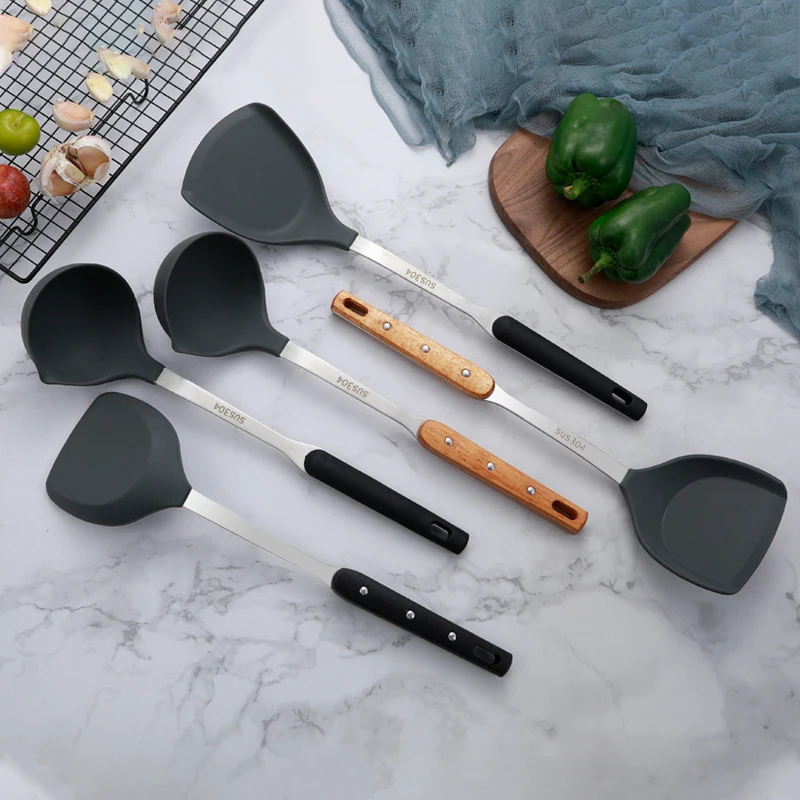 Hot Sale SUS304 Stainless steel Handle Silicone Kitchen Cooking Tools Stand Kitchenware Spatula Silicone Kitchen Utensils Set
