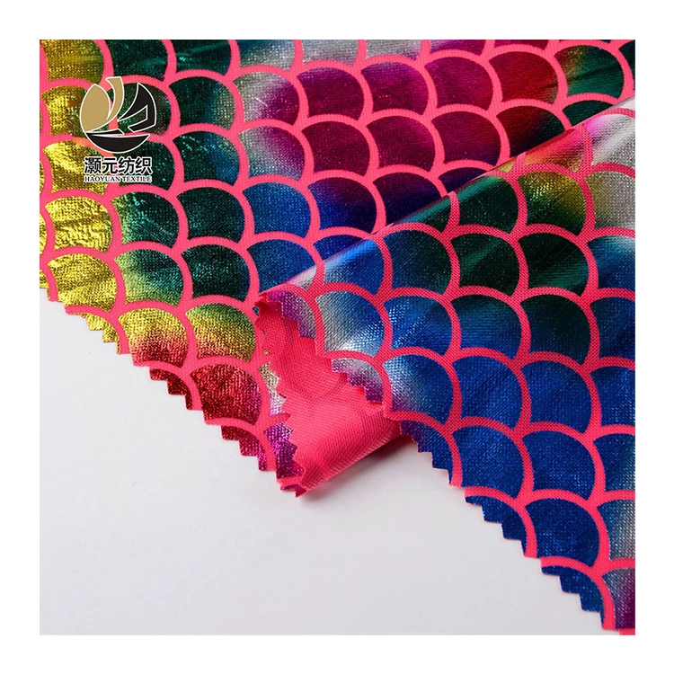 Cheap shiny polyester rainbow clothing fabric knitting suppliers with fish scale pattern for women dress