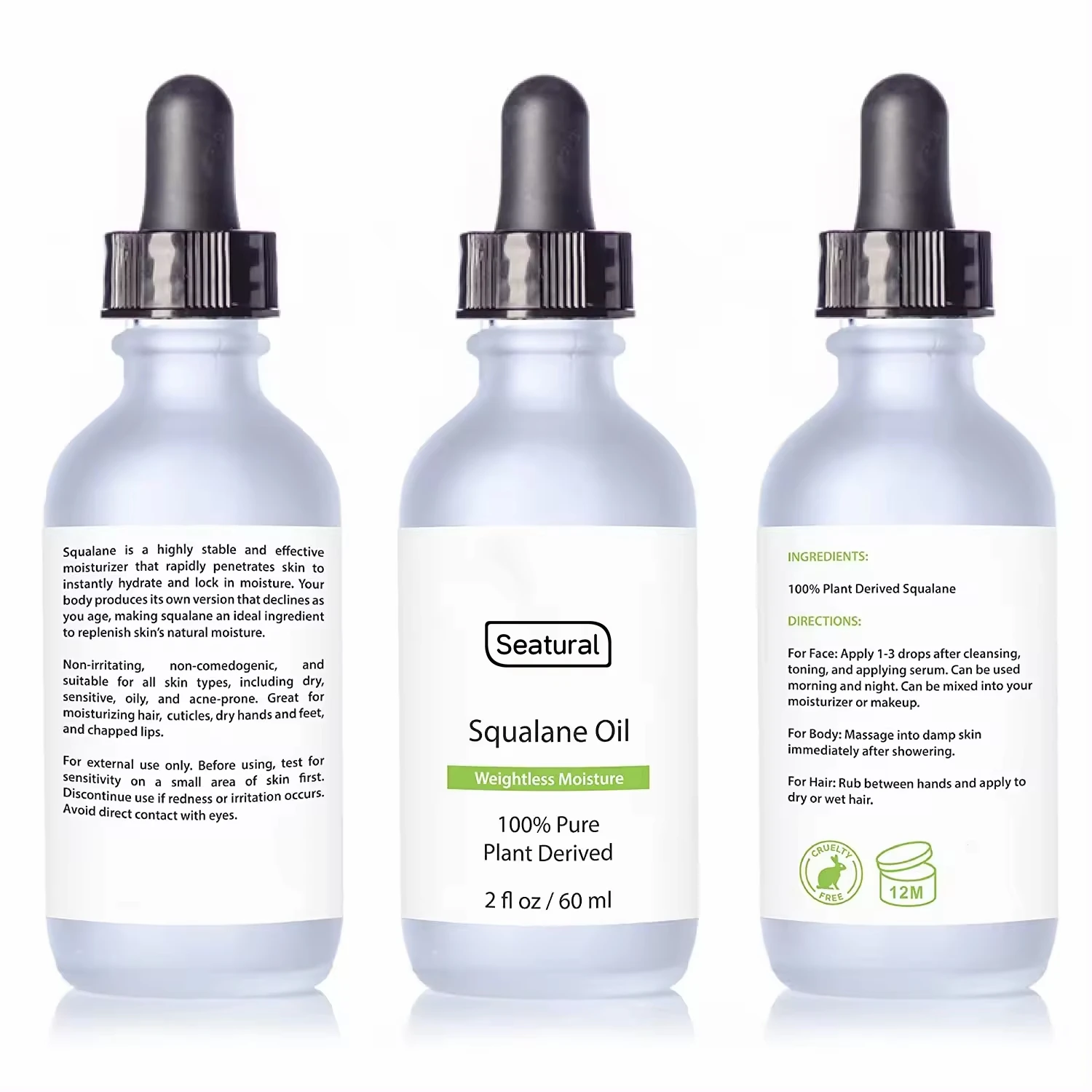 Private Label 100% Pure & Natural 60ml Squalane Oil with Vitamin E Moisturizer for Face, Body, Skin & Hair