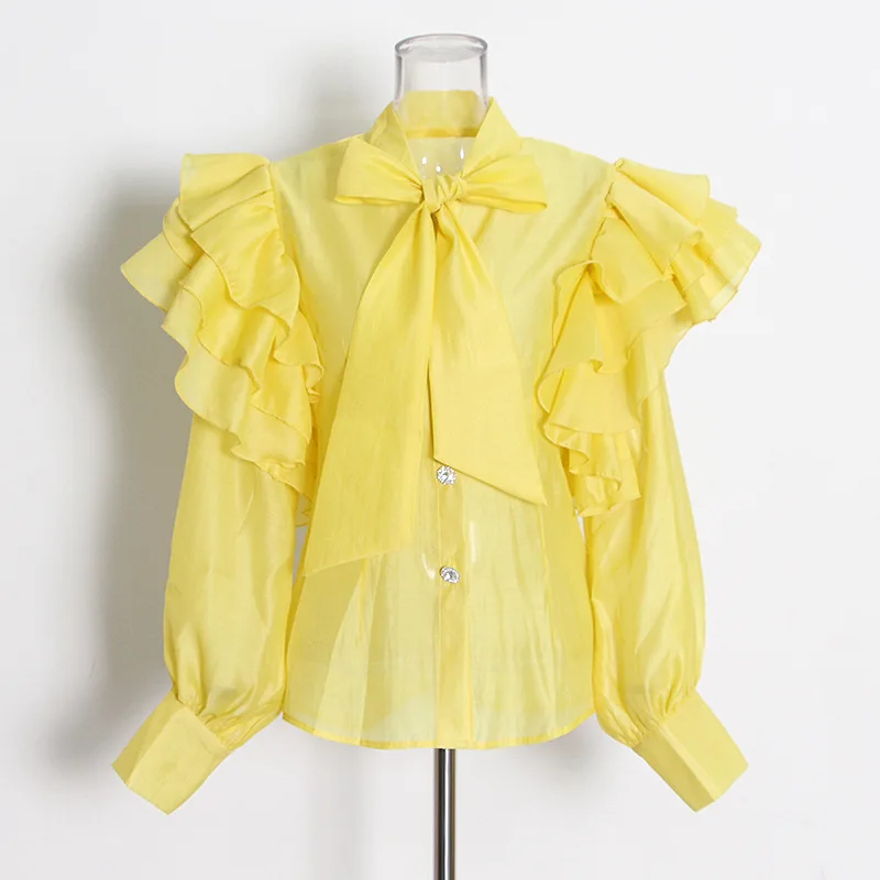 new arrival ladies blouse sashes collar falbala organza blouse for women