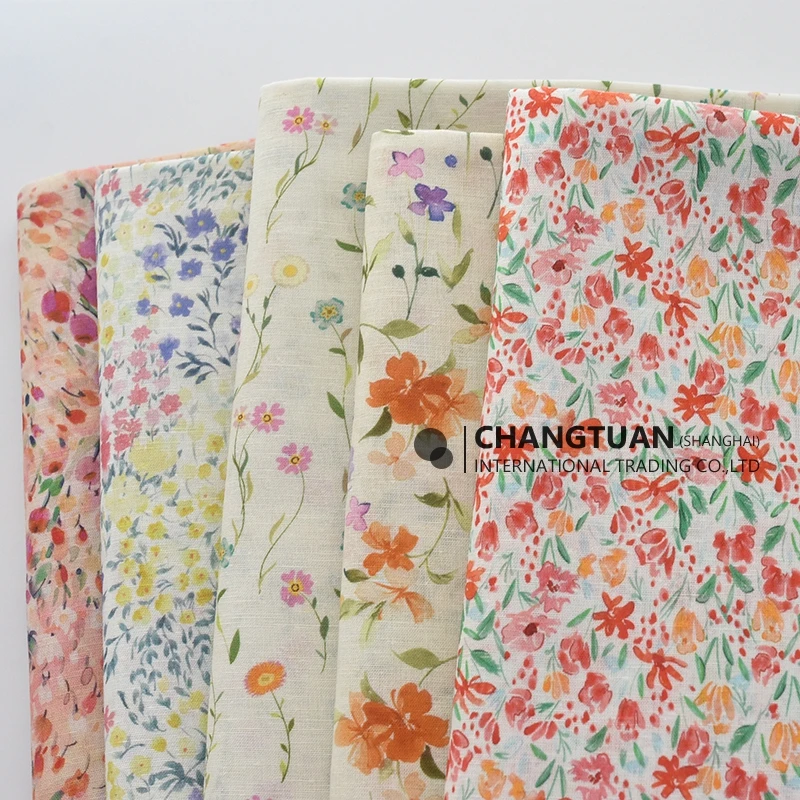 Custom Low MOQ Digital Printing Pattern Linen Fabric Natural Soft Floral Linen Cotton Fabric For Clothing Kids Women Dresses