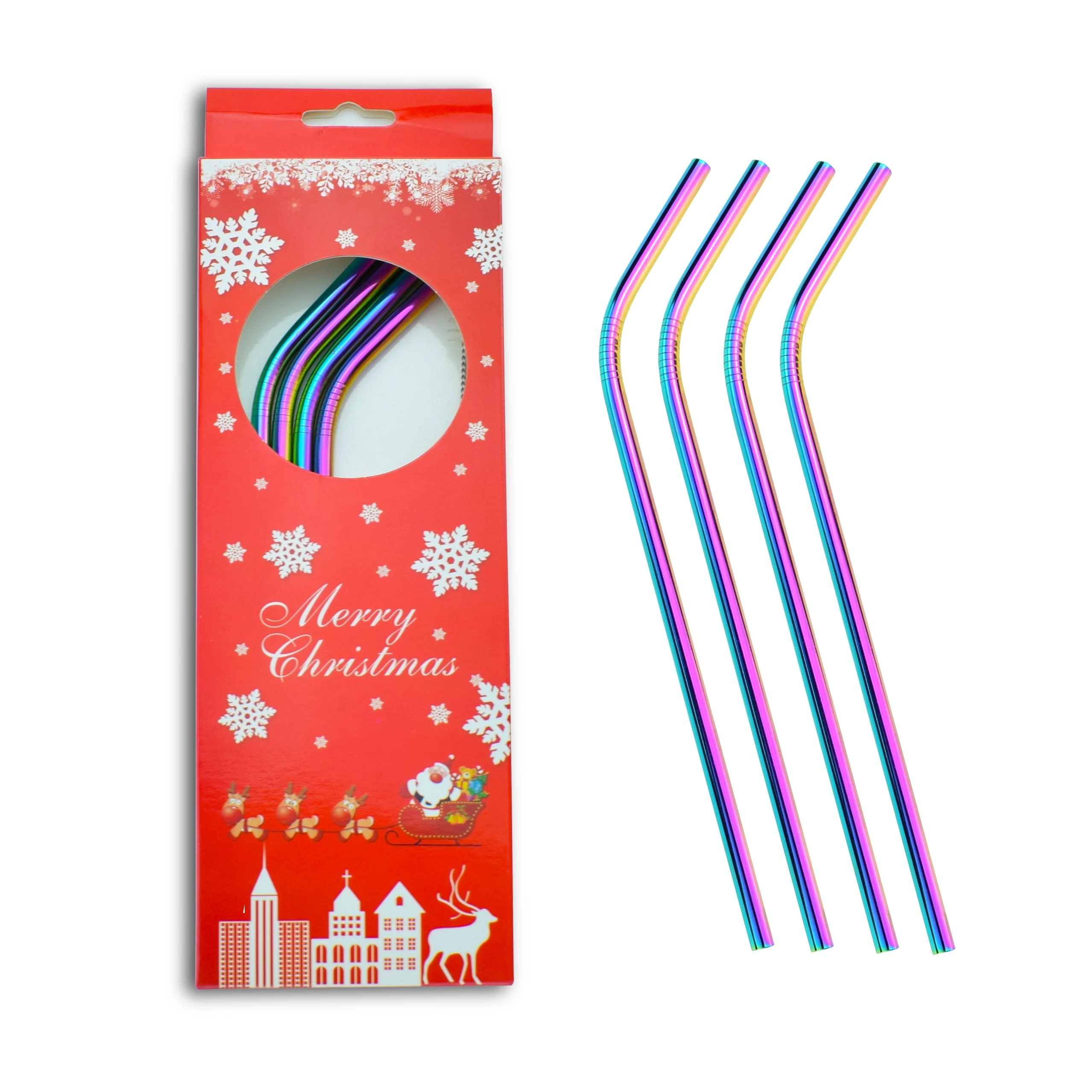 Лидер продаж 2021, Рождественская Подарочная коробка, экологически чистый многоразовый цвет, пищевой класс 304, набор металлических соломинок из нержавеющей стали с коробкой