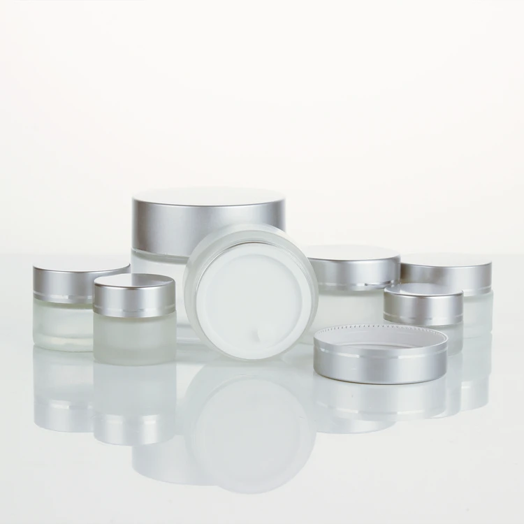 Empty glass jar with silver cover for stock Cream 50ml 100ml frosted empty glass frosting cans cosmetic packaging
