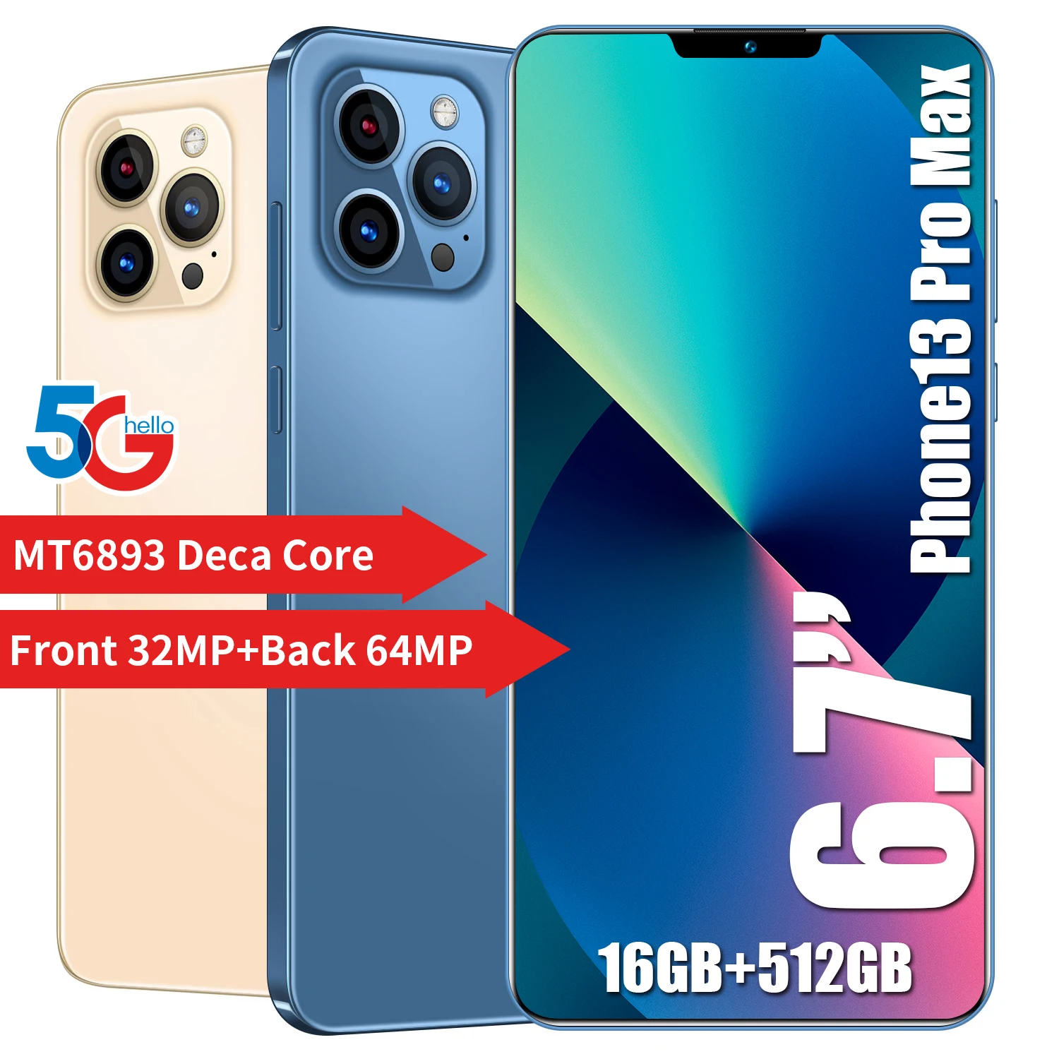 Hot Selling Phone13 PRO MAX 512GB 6.7 Inch Full Display Android 10.0 Mobile Phone I13 PRO MAX Cell Phone Smartphone