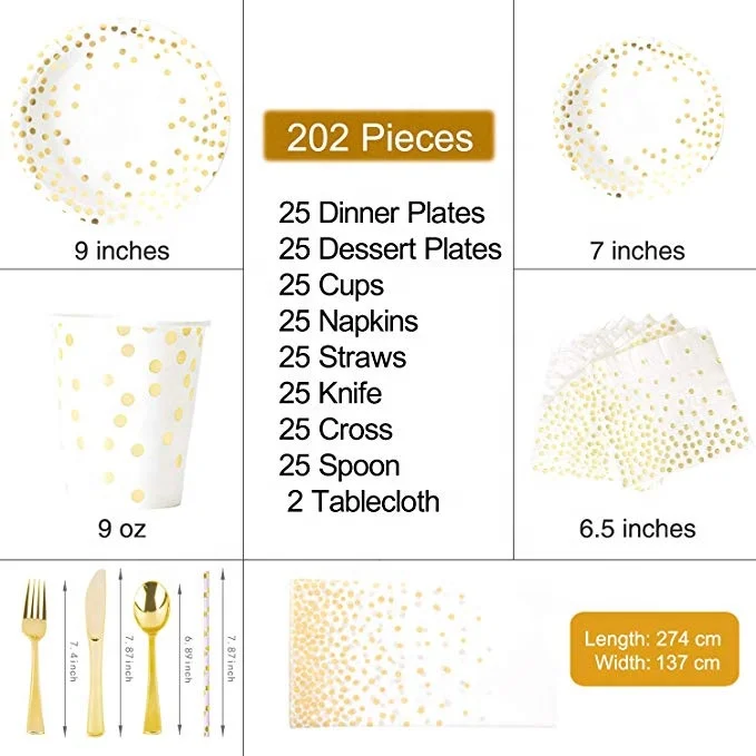 202 шт Золотой одноразовая посуда набор для вечеринок по случаю Дня рождения спортивные шаровары в Золотой горошек, столовые приборы