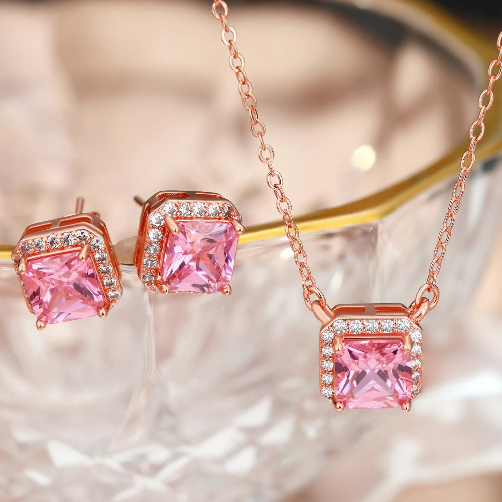 Forever Love Heart 14k rose gold pink Cubic zircon Diamond Princess Cut Halo Pendant Necklace earring rings for Women Wedding An