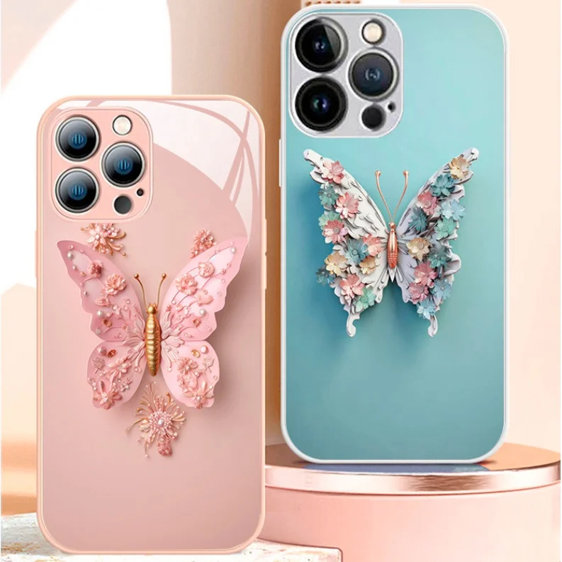 Luxury Flat Butterfly Pattern Phone Cover For Iphone 15 Pro 14 13 12 Pro Max 11 Shockproof Bumper Tempered Glass Case
