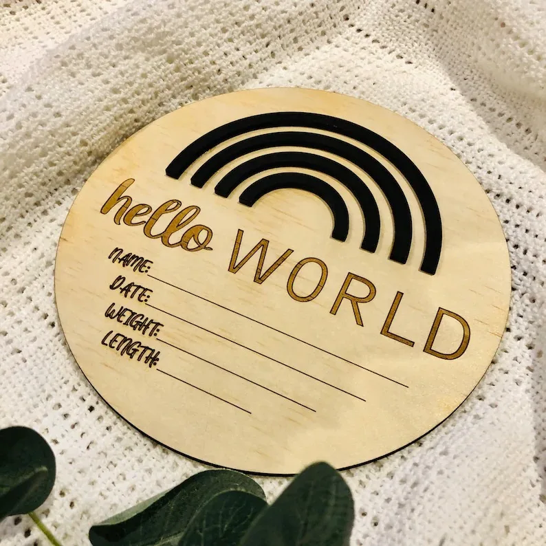 Custom Factory Laser Engrave Wooden Discs Baby Milestone Cards 3D Rainbow Newborn Baby Birth Announcement Wood Sign Card//