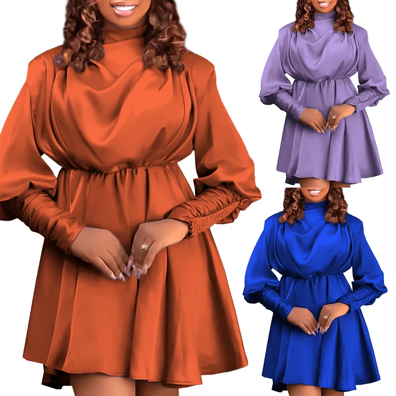 KX 2022 wholesale African Autumn fall Solid Color Casual maxi formal waist satin Skirt women long sleeve chiffon dress