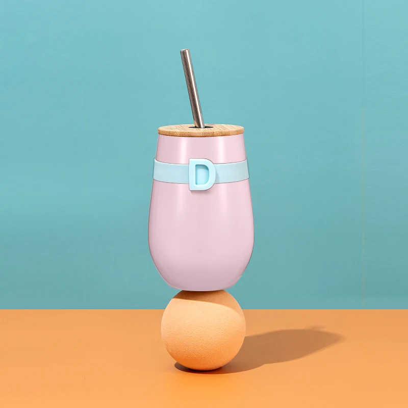 12OZ Insulated DW Stainless Steel Tumbler Double Wall Vacuum Tumbler Cup With Silicone band  Wine Mug Wood Lid