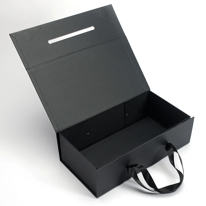 Custom unique hard boxes black packaging box with ribbon