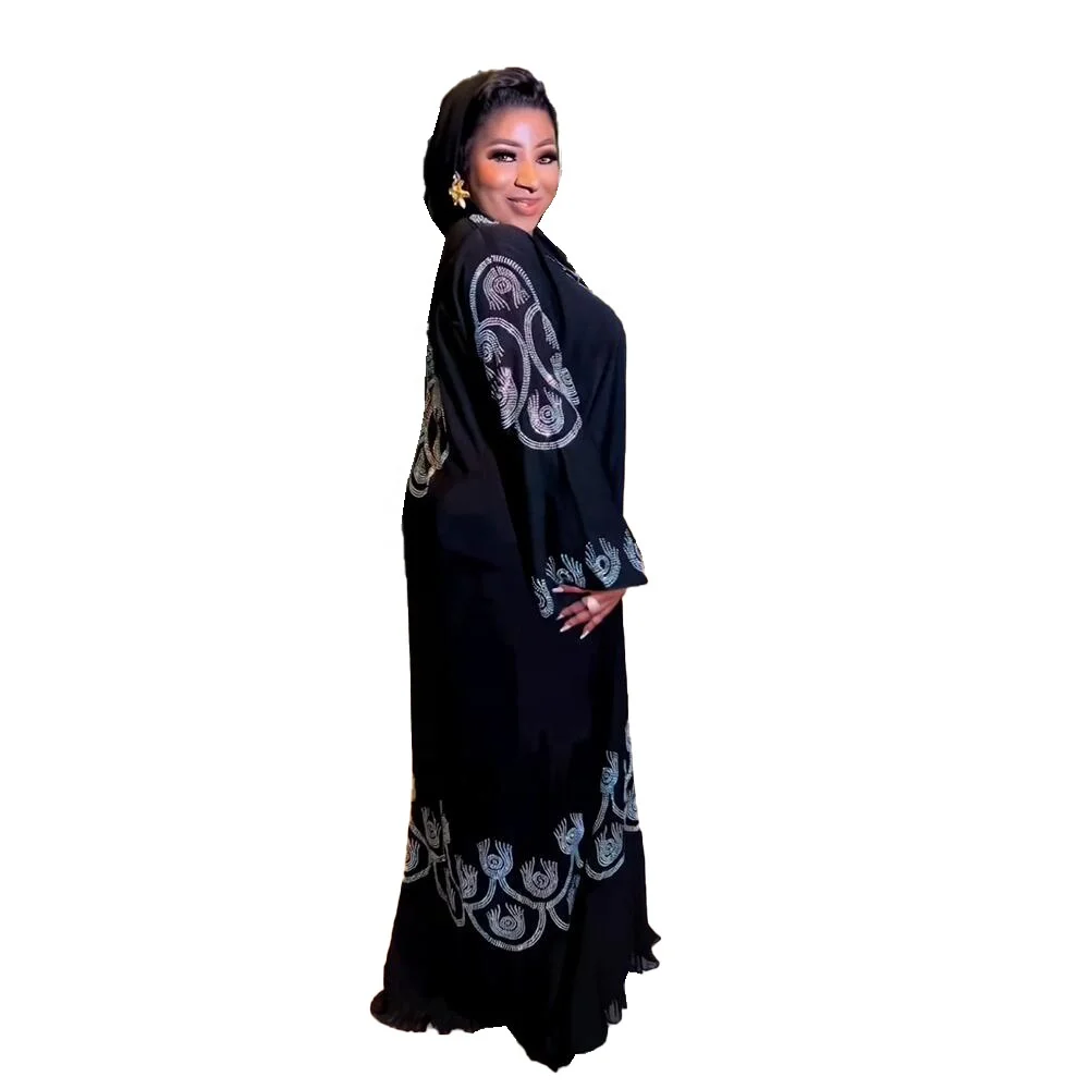 Recommend african dresses Linen Abaya Luxury rhinestones Black Abaya V-neck with long sleeves Abaya Dress