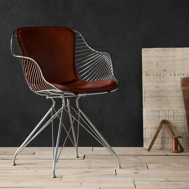 Chrome gold iron metal wire dining room wire chair with pad