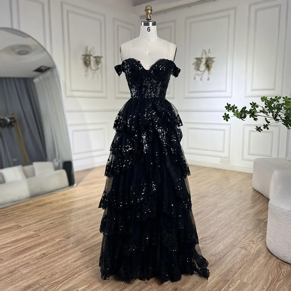 Serene Hill 2024 Arabic Black High Strap A-Line Lace Prom Dress for Women Wedding Party LA72586