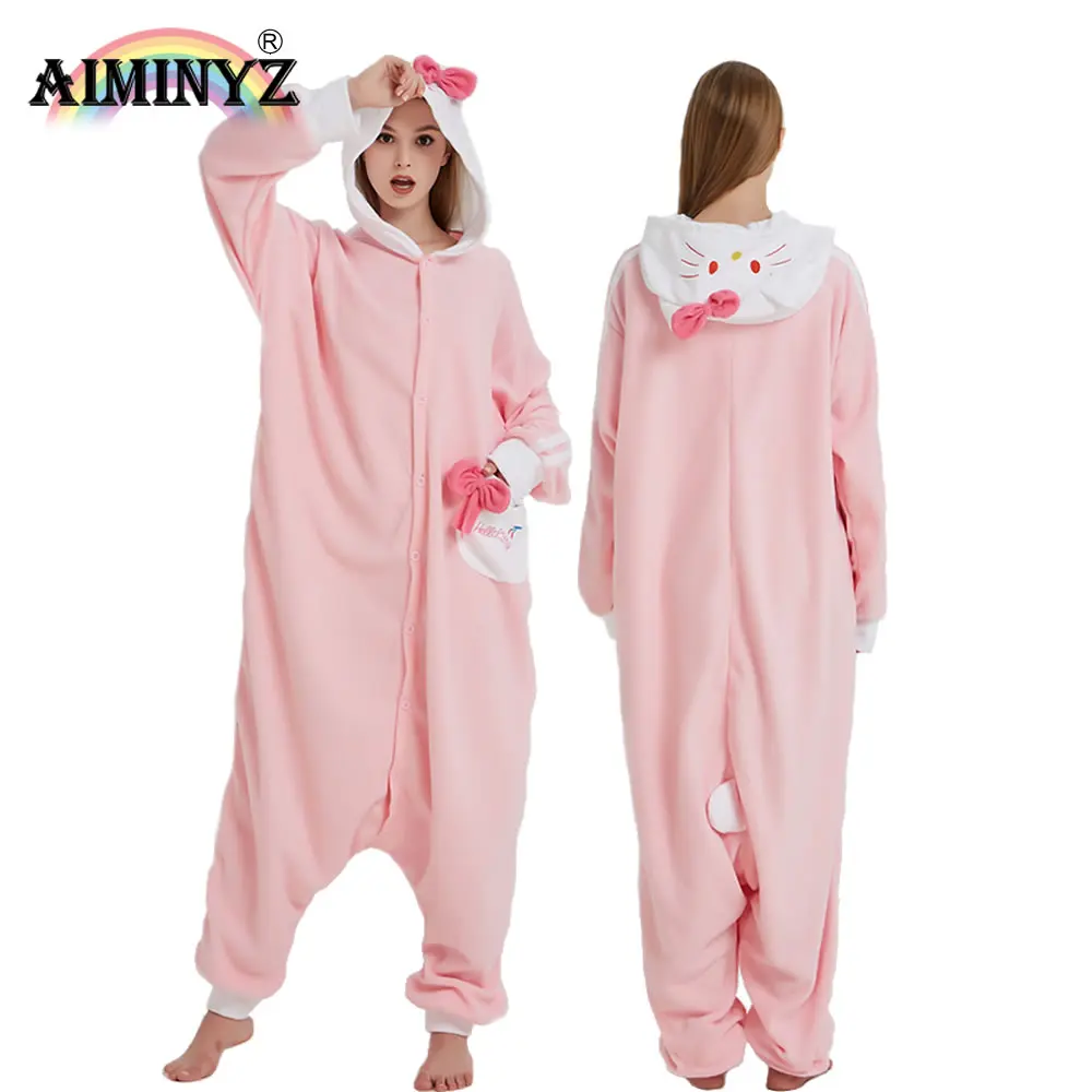 AIMINYZ Wholesale 2023 Cute Pink Cartoon Cat Winter Polar Fleece Onesie Pajamas Comfortable Cosplay For Adult Pyjamas Homewear