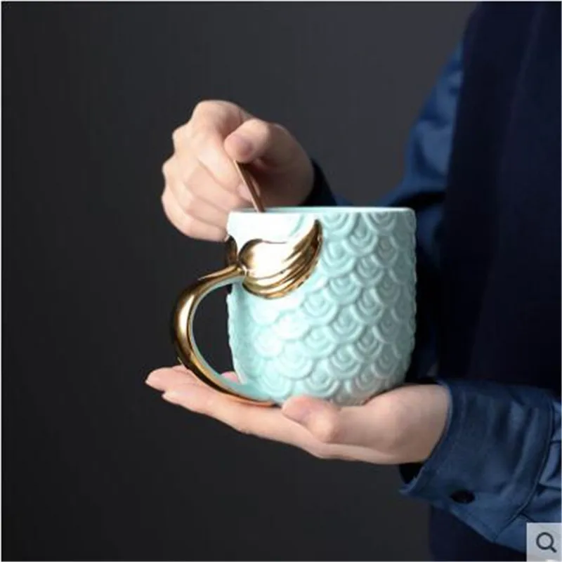 2021 Ins new design mermaid pattern glazed plain milk tea porcelain cup pink tazas travel ceramic coffee mug with gold