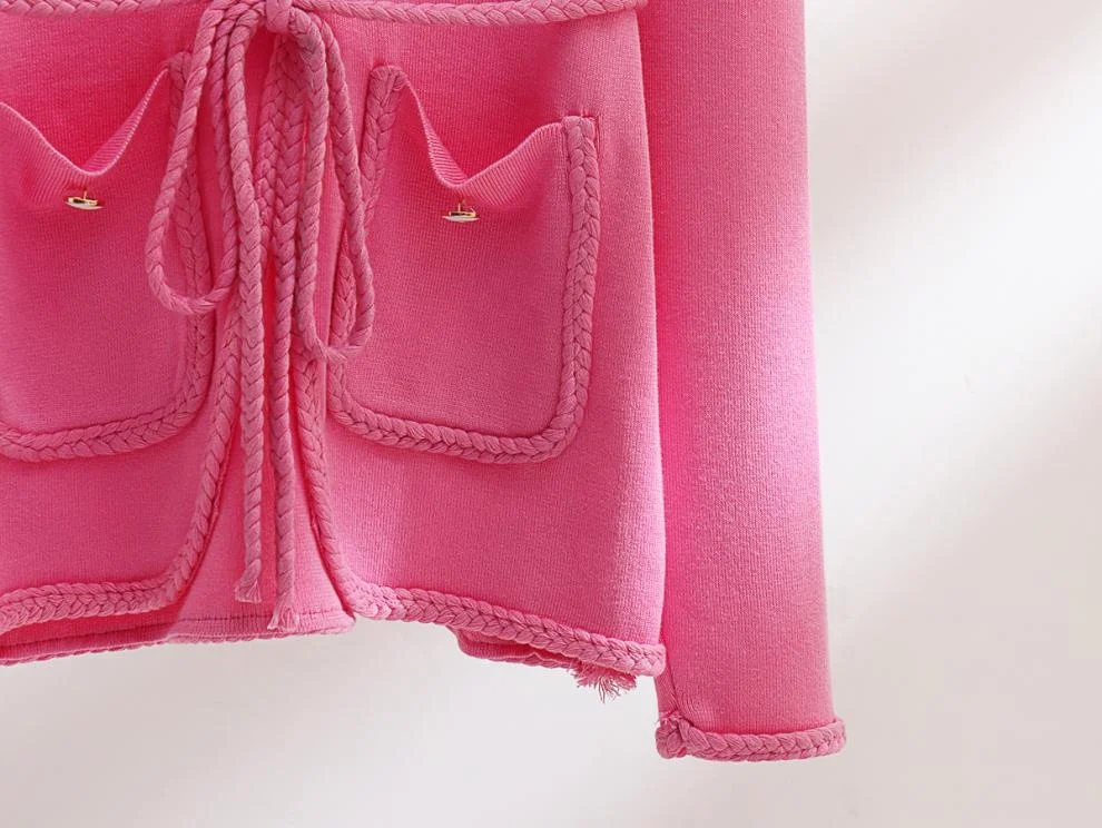 2023 Cardigan sweater two-piece set of solid color casual coat woven belt   women set