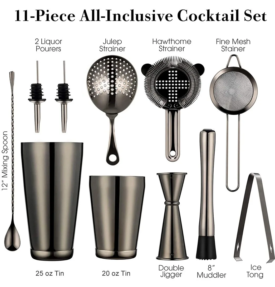 Wuyi Camol Factory 11 Pieces Mixology Bartender Kit Stainless Steel Barware Bar Tools Boston Shaker Cocktail Shaker Set