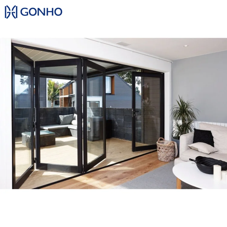 GONHO Balcony Accordion Bifold Door Design Exterior Tempered Glass Patio Accordion Folding Doors