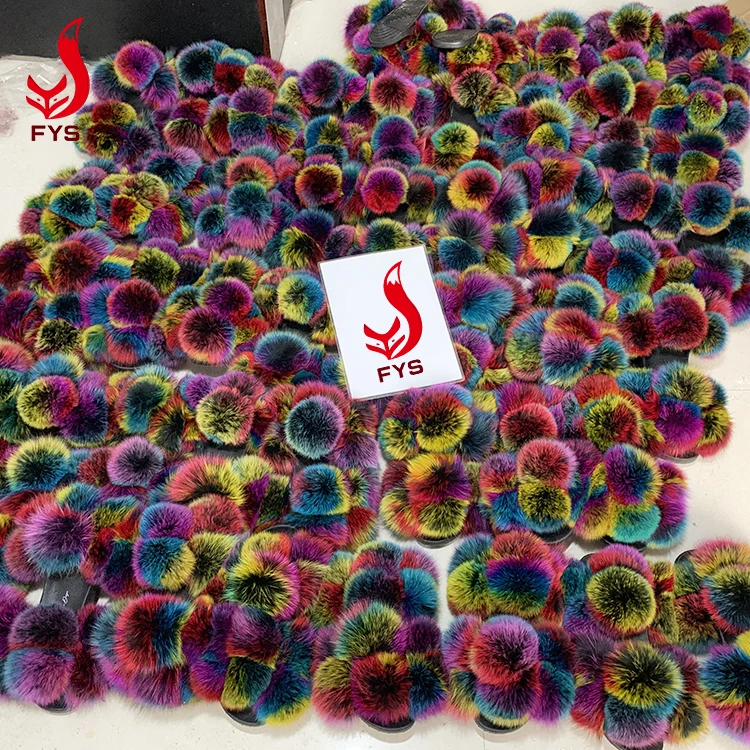 
New trendy mixed color 6 balls fur flat slipper sandals fox fur pom pom slides for women and baby 