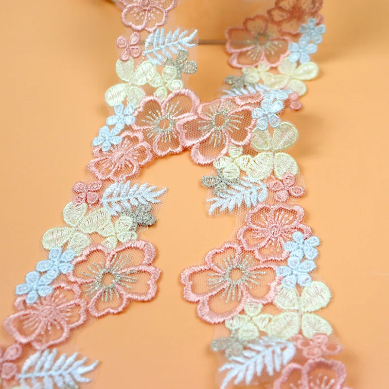High Quality colorful flower 5cm embroidery  water soluble Lace Trim Polyester tulle Lace ribbon  Mesh Fabric for dress DL01
