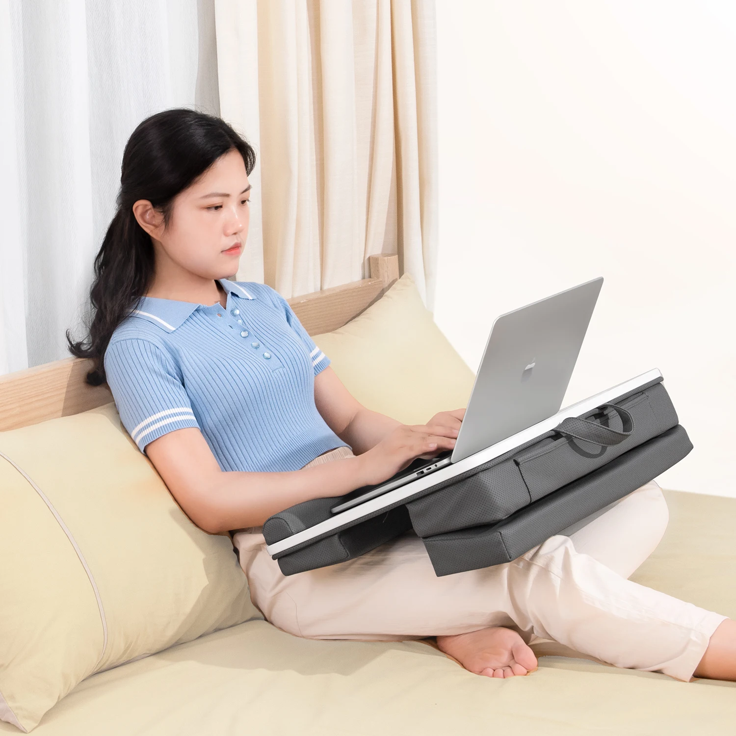 New Ergonomic Lap Tray Table Built-in Tablet Stand Height Adjustable Soft and Ventilate Leathaire Cloth Fillded with Sponge