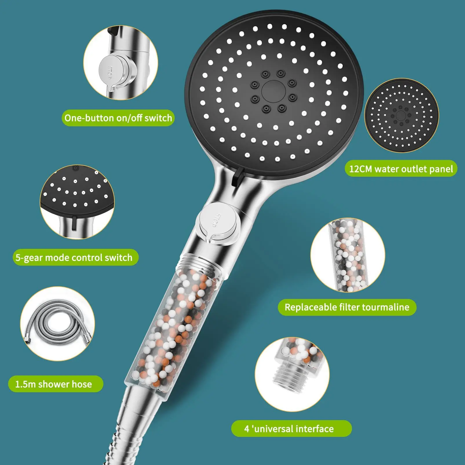 High Pressure Handheld Shower Head 5 Functions Water Saving Hot Sale Shower Head with Stop Switch