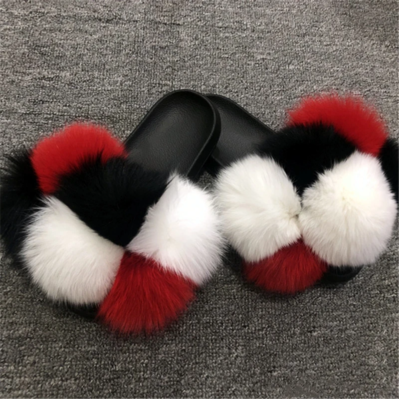 
Multiple Color Custom Red Black White Printed Monster Slides Mink Women Soft Fox Fur Slippers 