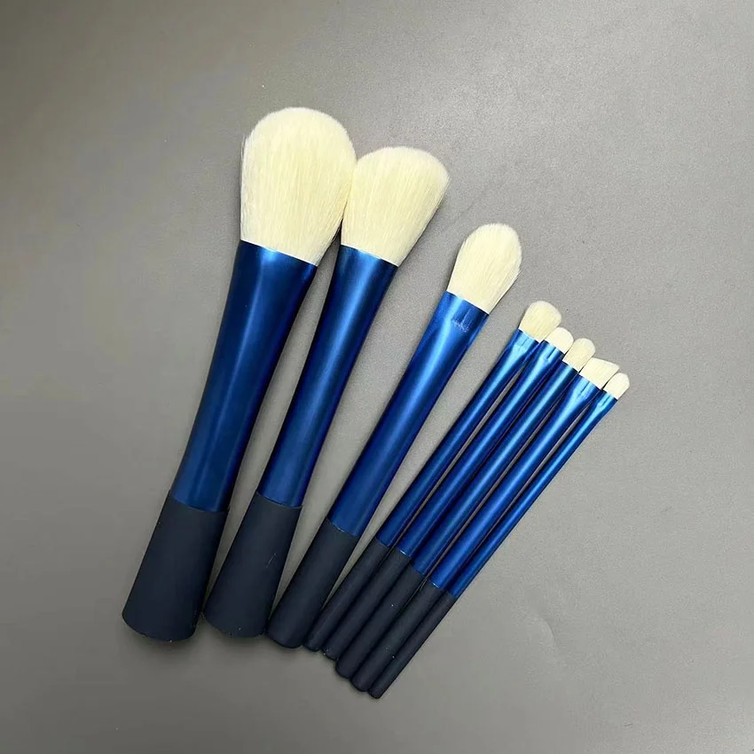 Wholesale custom logo 8PCS large makeup brush set white synthetic hair plastic handle make up brushes dark blue oem kabuki