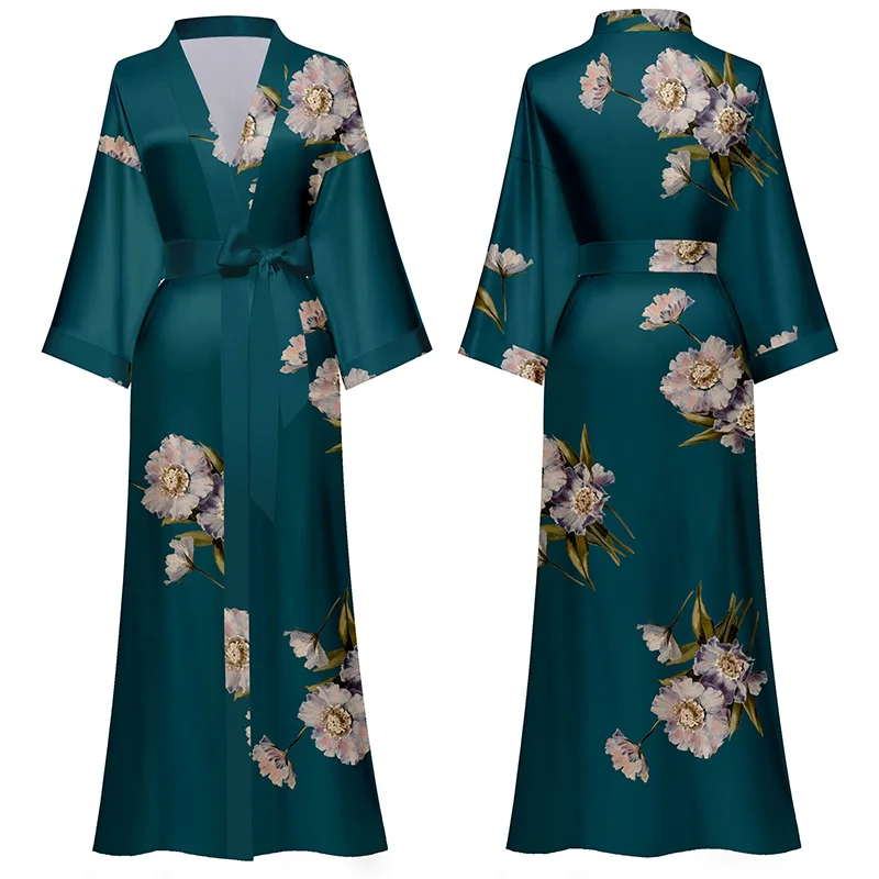 custom hot selling free size kimono collar robes pyjamas women robe smooth women satin silk long kimono robes