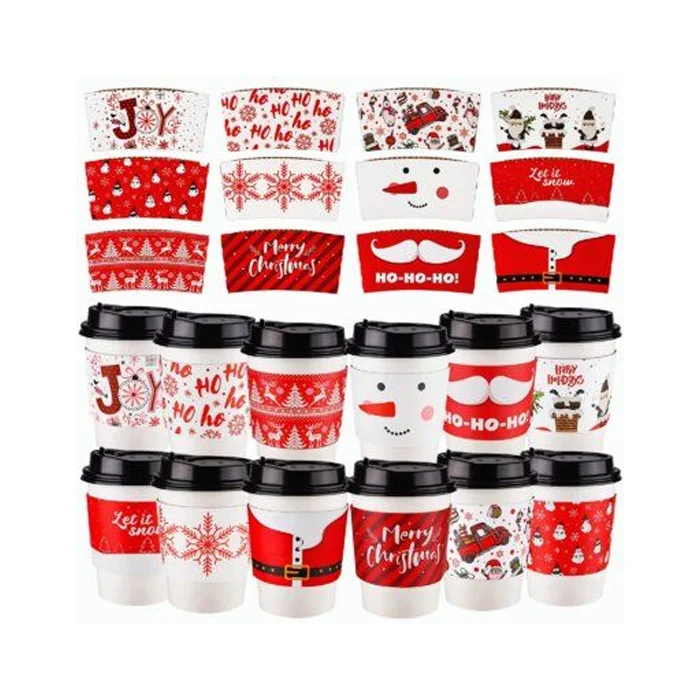 custom Christmas Party Cup Sleeves Assorted Colors Hot Chocolate Coffee Tea Corrugated Paper Cup Sleeves in Red White style