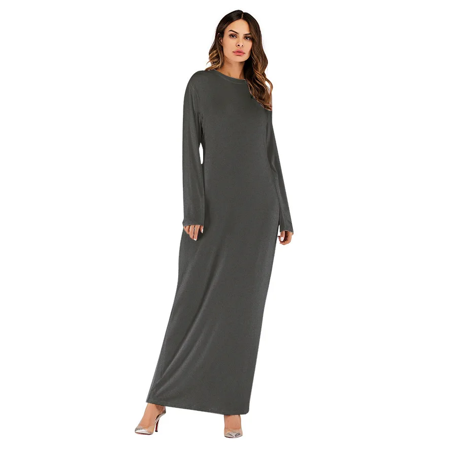 Mid East Hottest Solid Color Robes Plus Size Muslim Dresses Women Casual Abaya Crew Neck Shirts Islamic Maxi Dress With Pocket