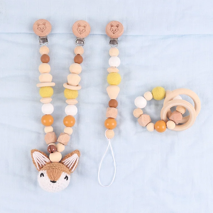 High Good Quality 3pcs/set Cartoon Animal Fox Shape Wooden Pacifier Chain Baby Chew Toy Teether Set