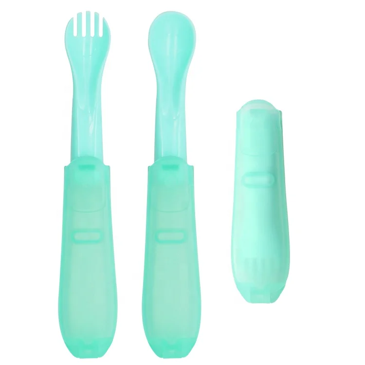 Portable Traveling Food Grade Foldable Plastic Handle Kids Spoon and Fork Set Feeding Spoon Baby