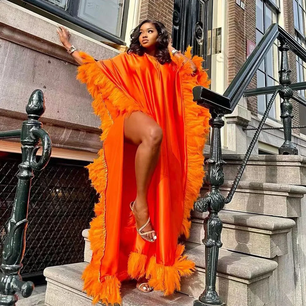 Y23913 Luxury African Evening Dresses Bat Sleeve High Slit Full Surrounding Lightweight Feather Dress Robe Loose Kaftan Dresses