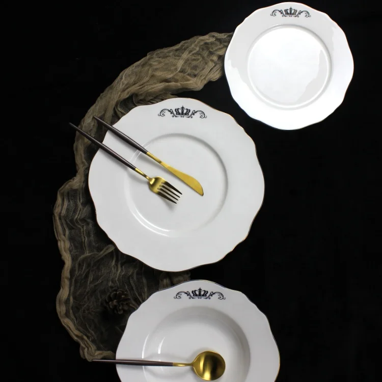 hot selling fine bone china dinner plate custom porcelain white dinner plate with gold rim