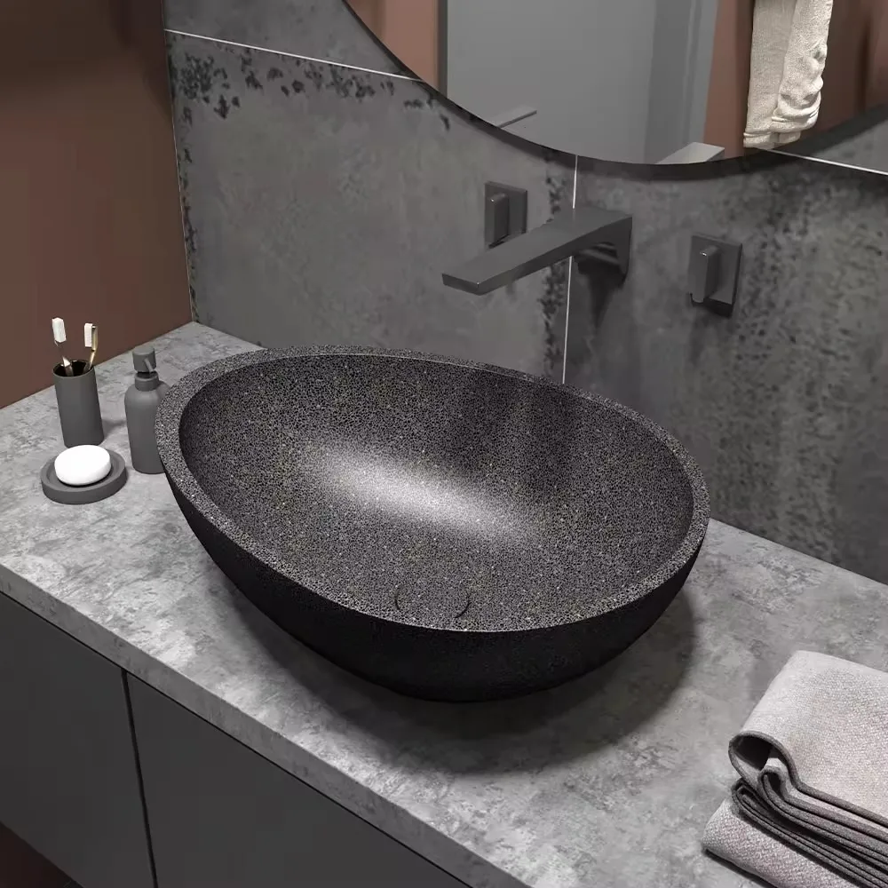 Hotel Large Size Oval Cement Sink Modern Design Concrete Wash Basin for Bathrooms Factory Wholesale
