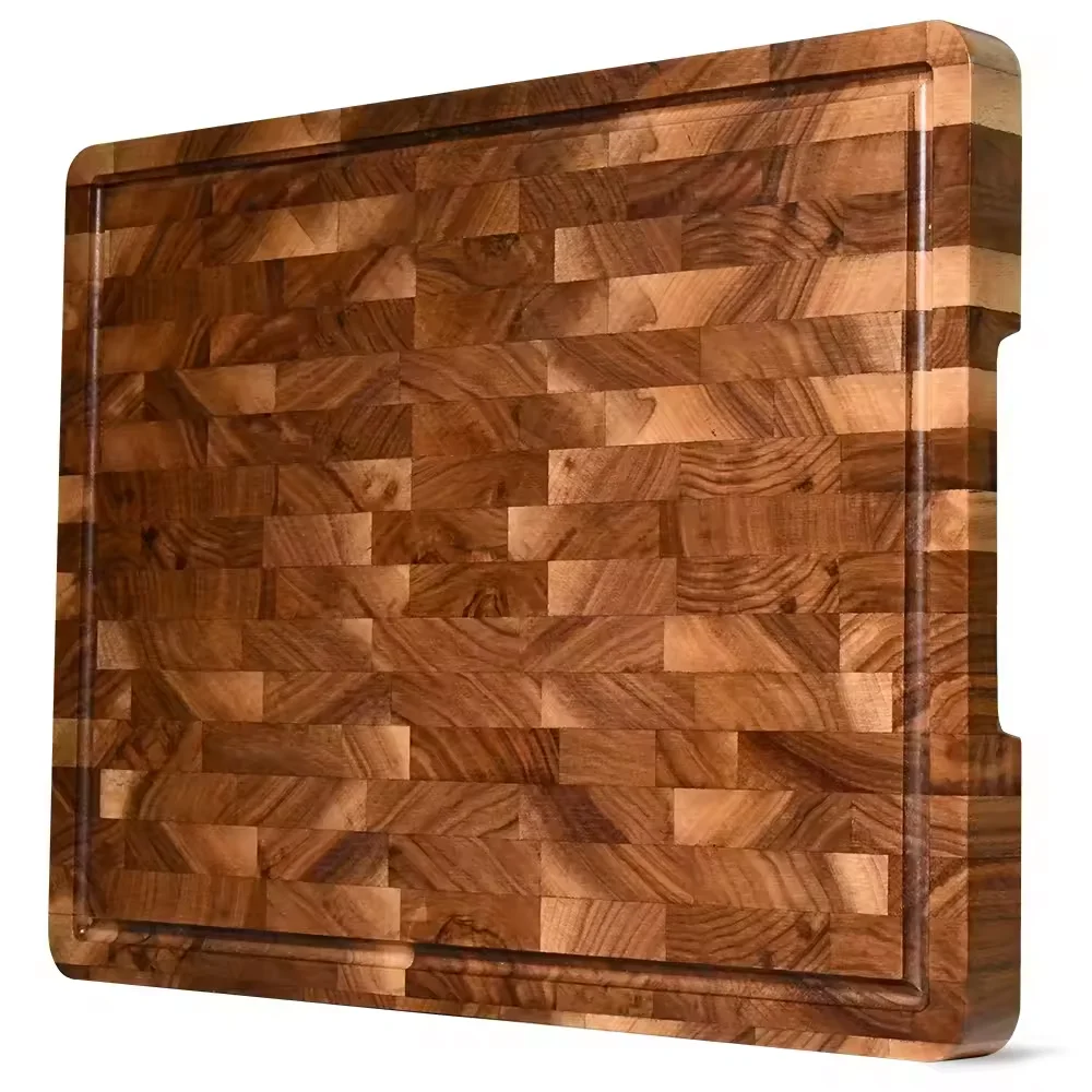 Hot Sell Natural Walnut End Grain Butcher Block Chopping Cutting Board with Handle and Juice Groove for Vegetable and Fruits