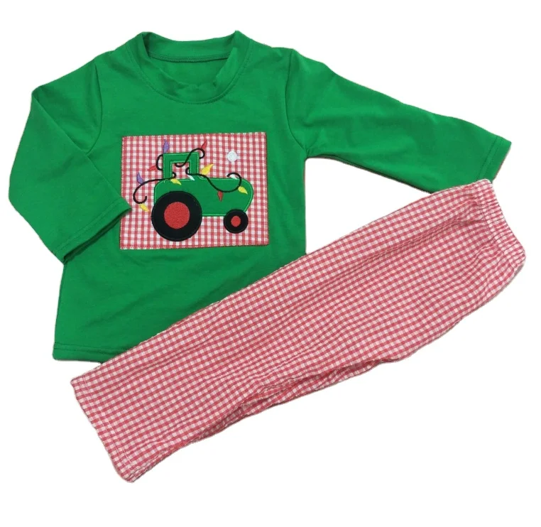 custom high quality  children smocked clothing Christmas tree embroidery boys girl clothing with knit cotton fabric