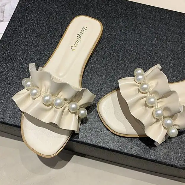 Fairy style pearl lace slippers women wear new summer beach single-line plus size slippers with skirt