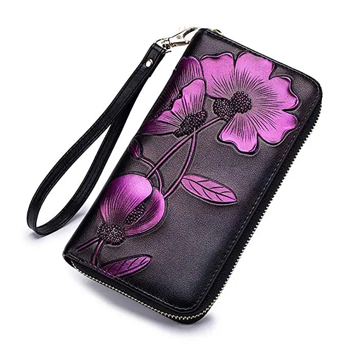 Women grain cowhide Wallet Hand  beautiful design Painted Flowers Ladies Wristlet Wrist strap Long Purse