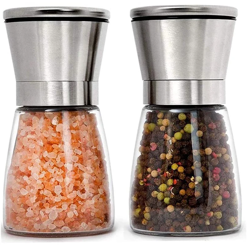  Salt and Pepper Grinder Mill Set Shakers Brushed Stainless Steel Glass